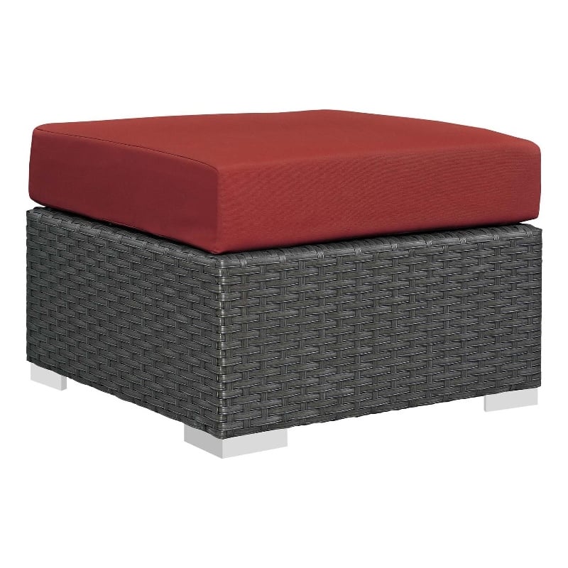 Afuera Living Patio Ottoman with Rattan Weave in Canvas Red