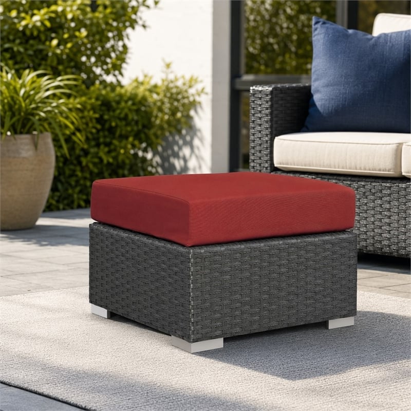 Afuera Living Patio Ottoman with Rattan Weave in Canvas Red