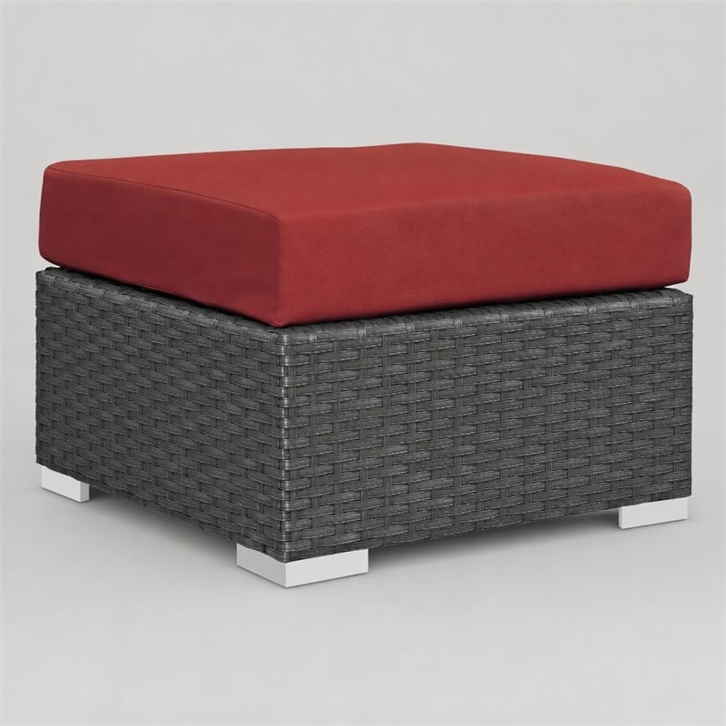 Afuera Living Patio Ottoman with Rattan Weave in Canvas Red