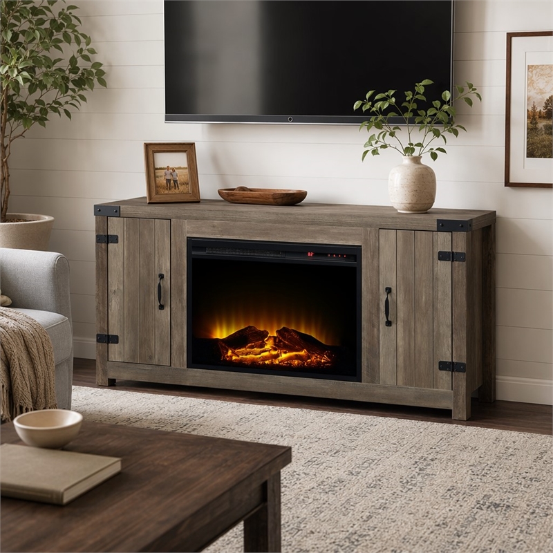Afuera Living Tobias Wooden Fireplace TV Stand in Rustic Oak Finish
