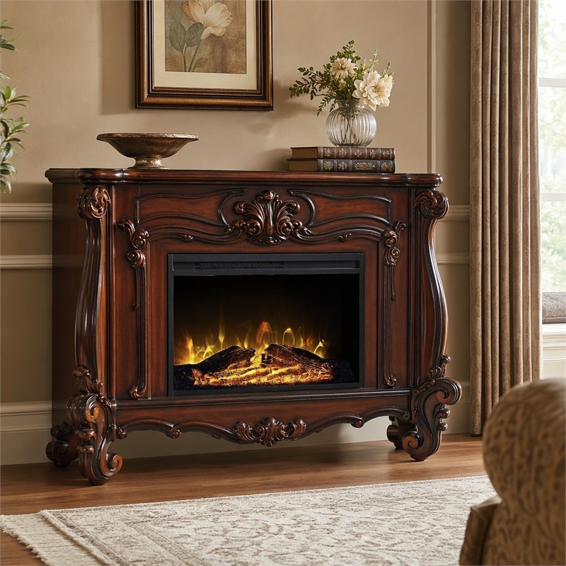 Afuera Living Wooden Fireplace in Cherry Oak Finish with Carved Details