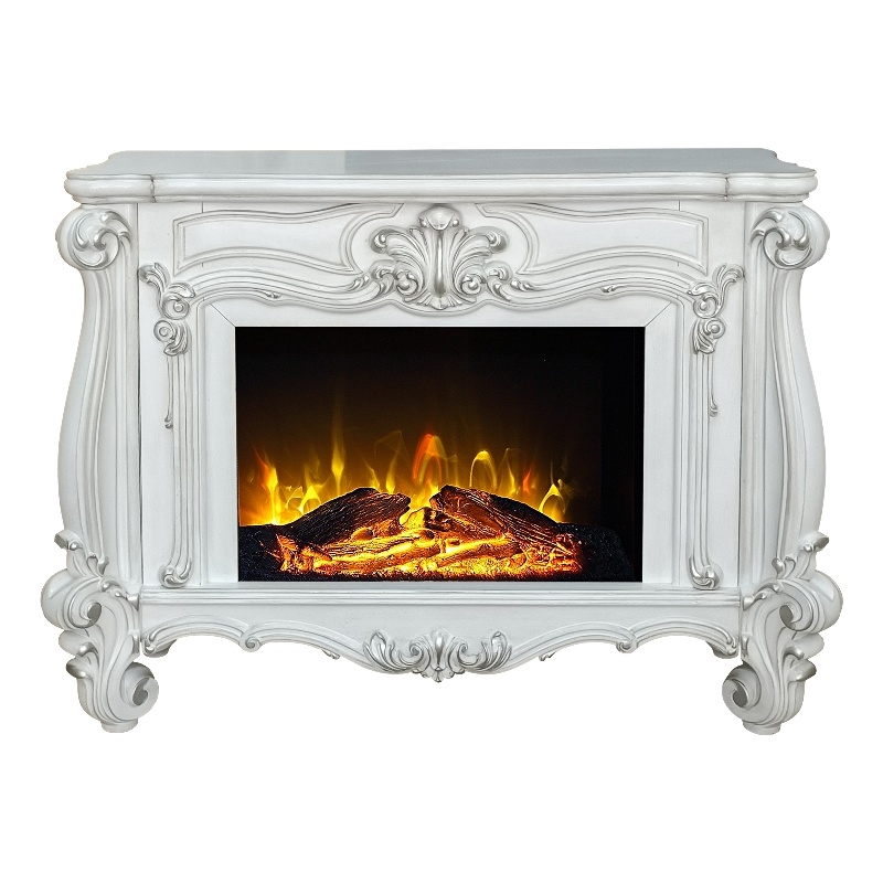 Afuera Living Wooden Fireplace with Carvings in Bone White Finish