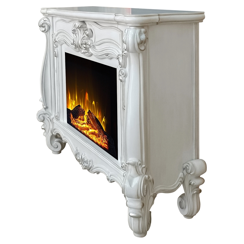 Afuera Living Wooden Fireplace with Carvings in Bone White Finish