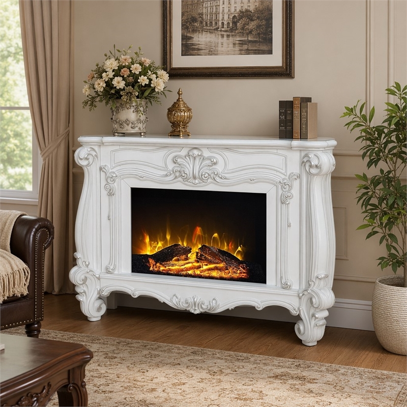 Afuera Living Wooden Fireplace with Carvings in Bone White Finish