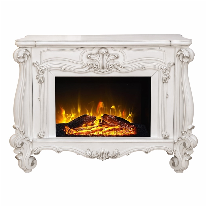 Afuera Living Wooden Fireplace with Carvings in Bone White Finish
