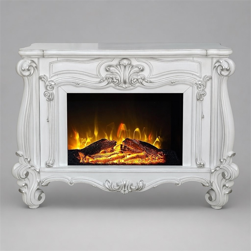Afuera Living Wooden Fireplace with Carvings in Bone White Finish