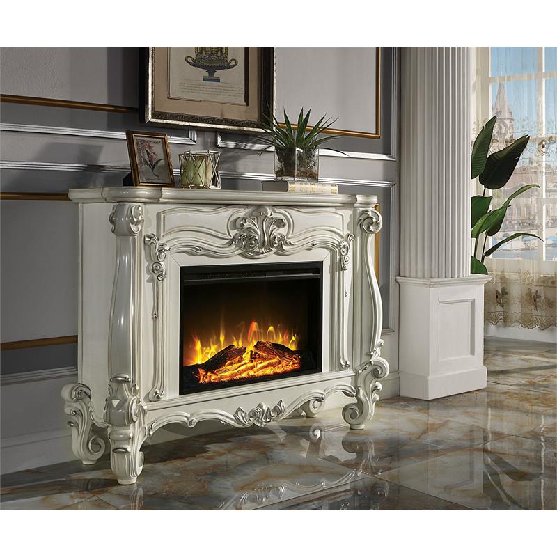 Afuera Living Wooden Fireplace with Carvings in Bone White Finish