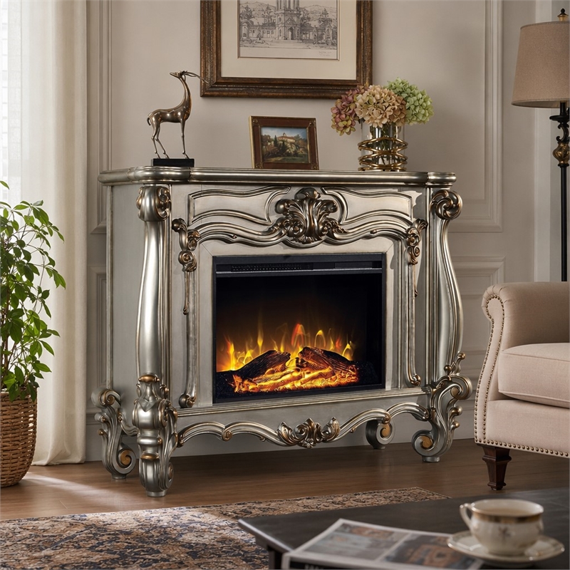 Afuera Living Wooden Fireplace with Carvings in Antique Platinum Finish