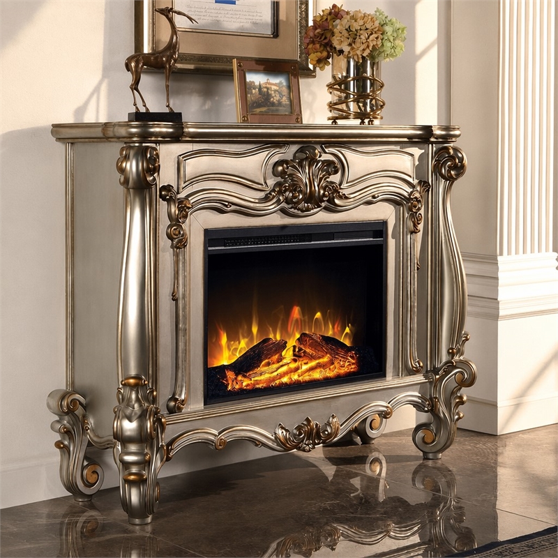 Afuera Living Wooden Fireplace with Carvings in Antique Platinum Finish
