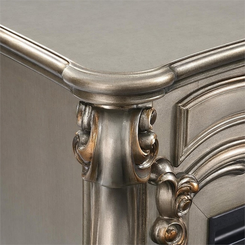 Afuera Living Wooden Fireplace with Carvings in Antique Platinum Finish