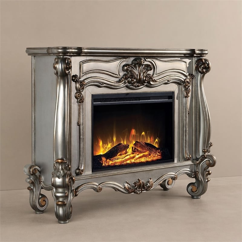 Afuera Living Wooden Fireplace with Carvings in Antique Platinum Finish