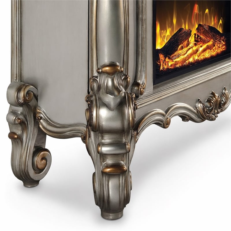 Afuera Living Wooden Fireplace with Carvings in Antique Platinum Finish