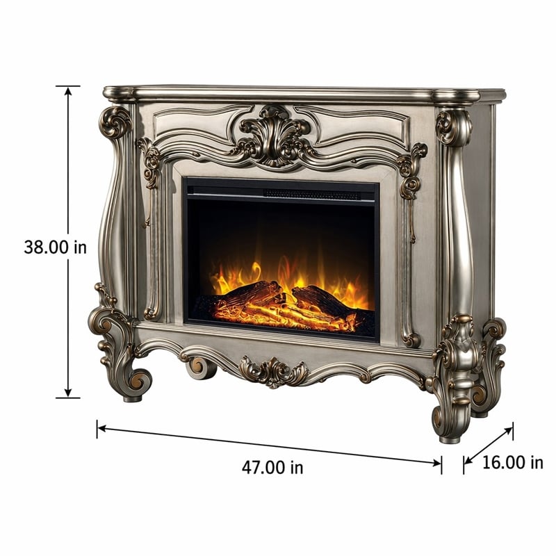 Afuera Living Wooden Fireplace with Carvings in Antique Platinum Finish