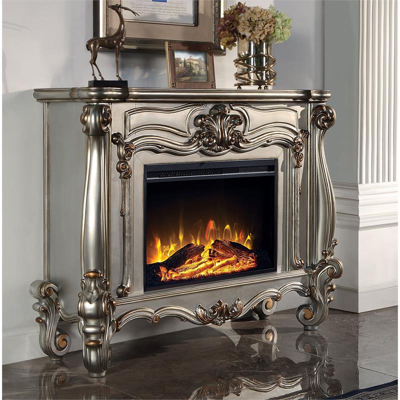 Afuera Living Wooden Fireplace with Carvings in Antique Platinum Finish