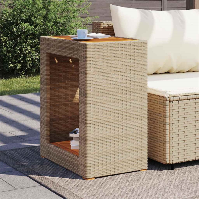 Afuera Living PE Rattan Garden Side Table with Acacia Wood Top in Gray/Brown