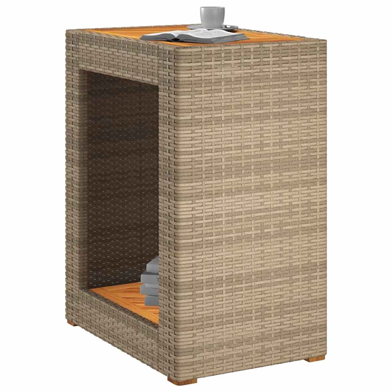 Afuera Living PE Rattan Garden Side Table with Acacia Wood Top in Gray/Brown