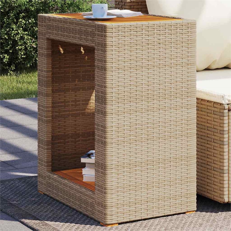 Afuera Living PE Rattan Garden Side Table with Acacia Wood Top in Gray/Brown