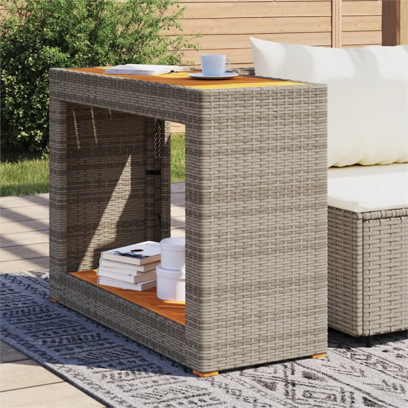 Afuera Living PE Rattan Side Table with Acacia Wood Top in Beige/Brown