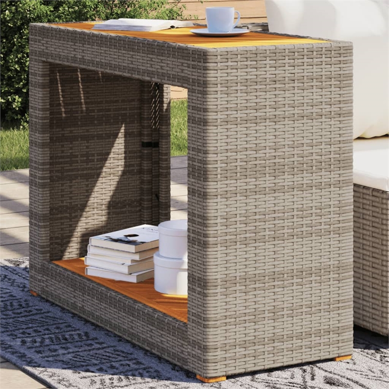 Afuera Living PE Rattan Side Table with Acacia Wood Top in Beige/Brown