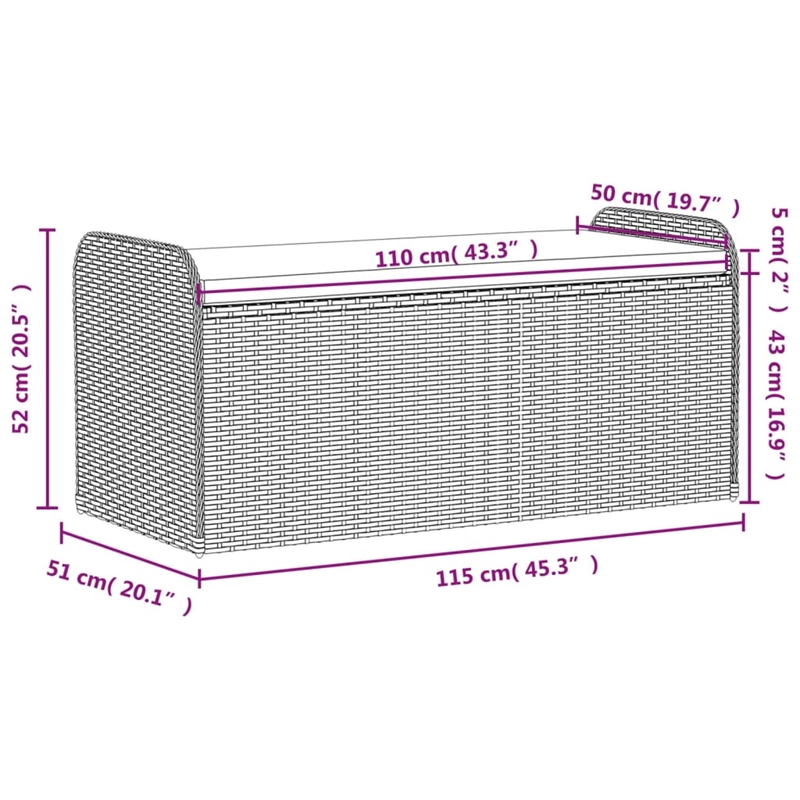 Afuera Living PE Rattan Storage Bench in Gray with Hidden Storage