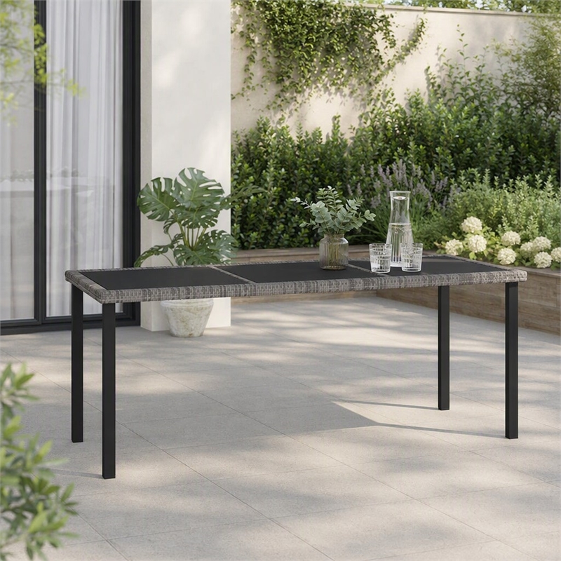 Afuera Living Poly Rattan Garden Dining Table with Glass Top in Gray