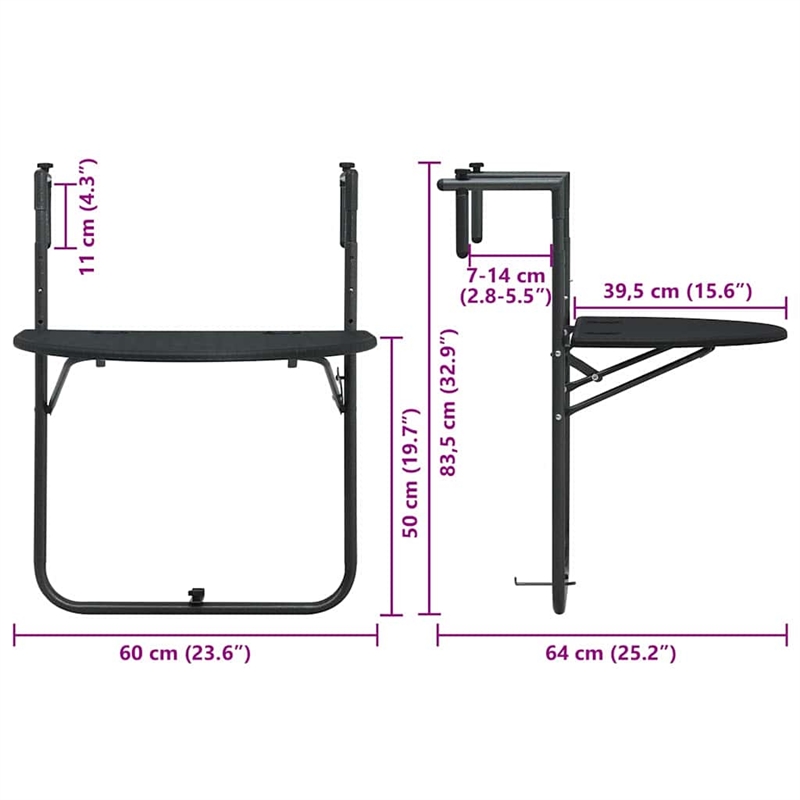 Afuera Living Adjustable Hanging Balcony Table in Matte Black Finish
