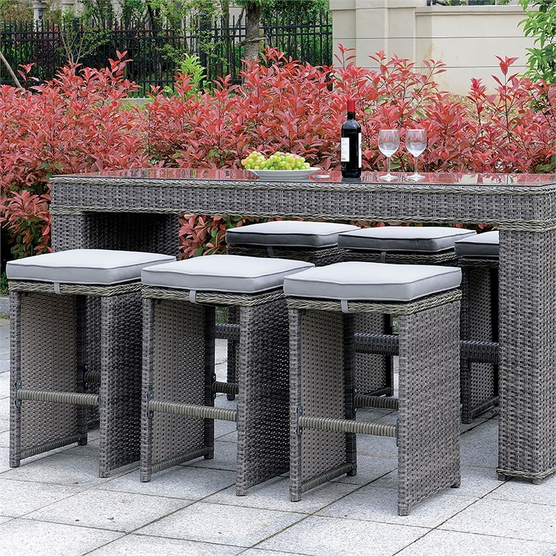 Afuera Living Rattan Patio Bar Stool Set in Gray - Set of 6