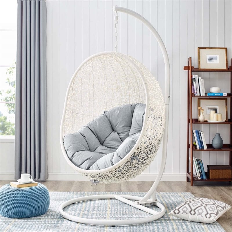 Afuera Living Modern Rattan Swing Chair with Stand in White Gray