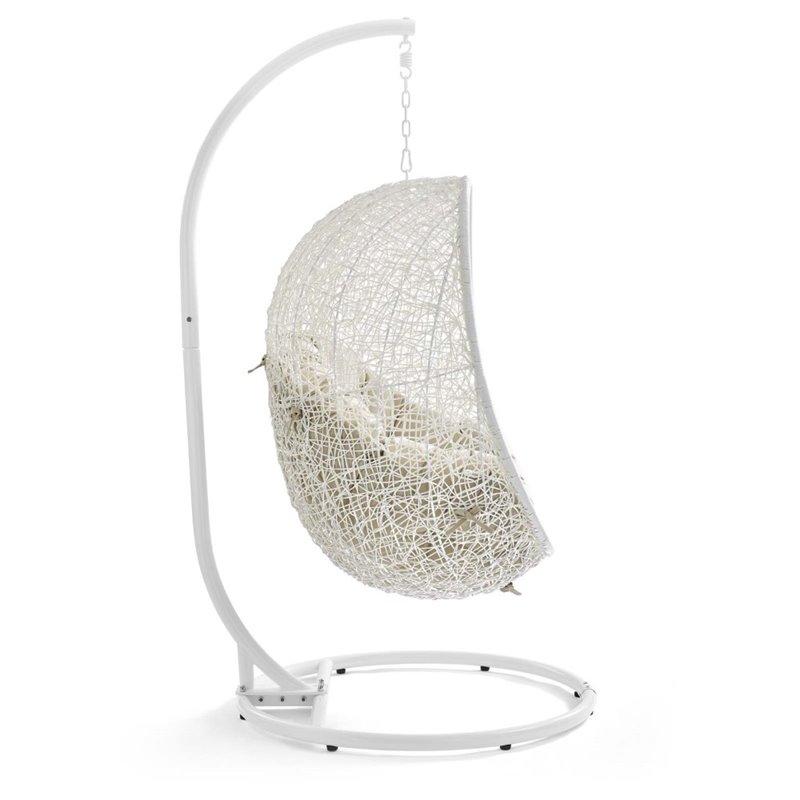 Afuera Living Rattan Outdoor Swing Chair with White Stand and Beige Cushion