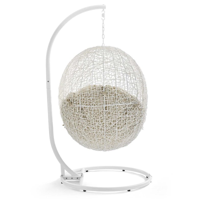 Afuera Living Rattan Outdoor Swing Chair with White Stand and Beige Cushion