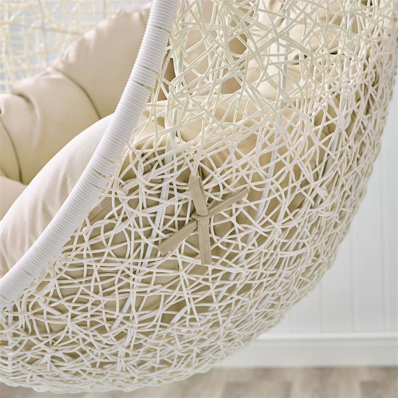 Afuera Living Rattan Outdoor Swing Chair with White Stand and Beige Cushion