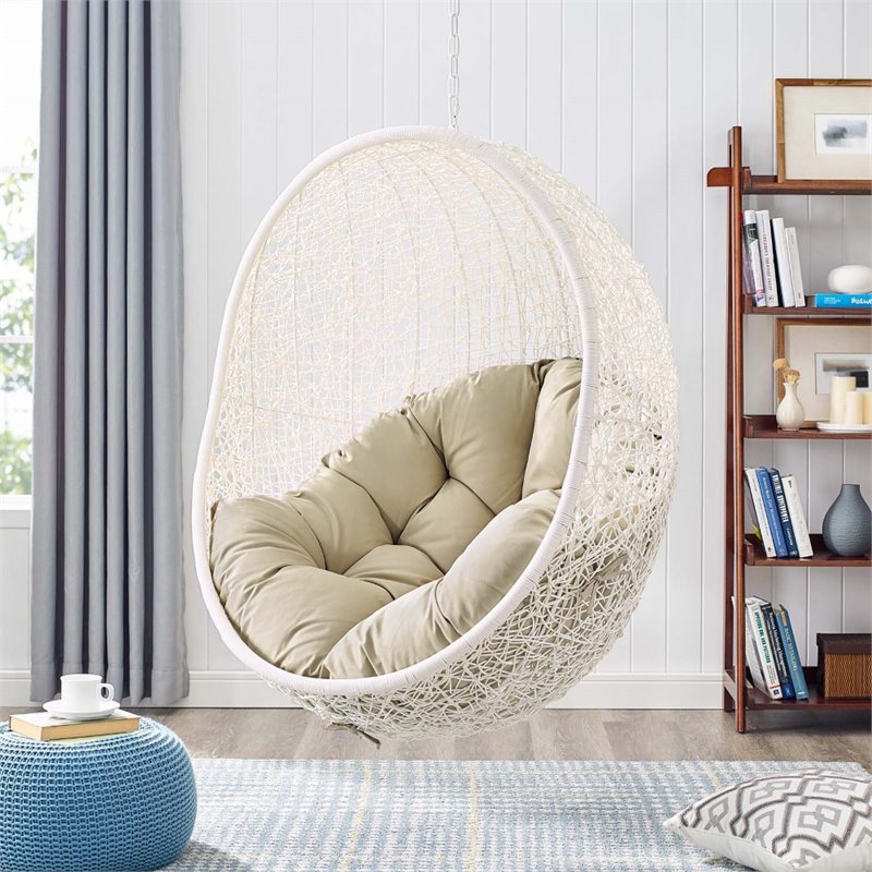 Afuera Living Rattan Outdoor Swing Chair with White Stand and Beige Cushion