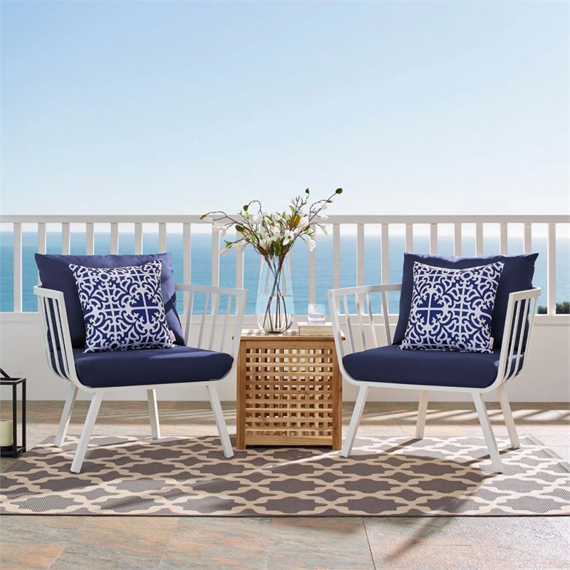 Afuera Living Outdoor Fabric Armchair in White and Navy (Set of 2)