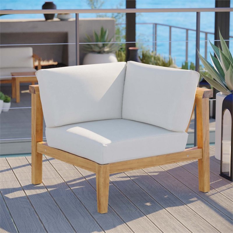 Afuera Living Solid Teak Outdoor Corner Chair with White Cushions
