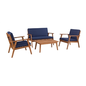 Afuera Living Outdoor 4 Piece Acacia Wood Chat Set with Blue Cushions
