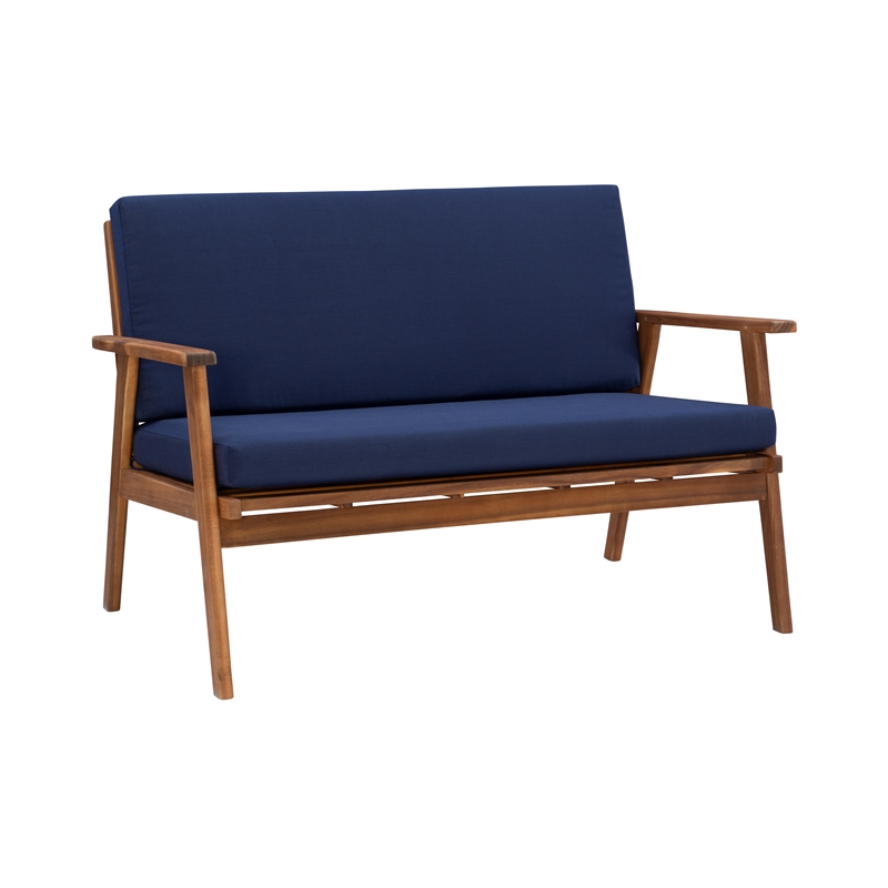 Afuera Living Outdoor 4 Piece Acacia Wood Chat Set with Blue Cushions