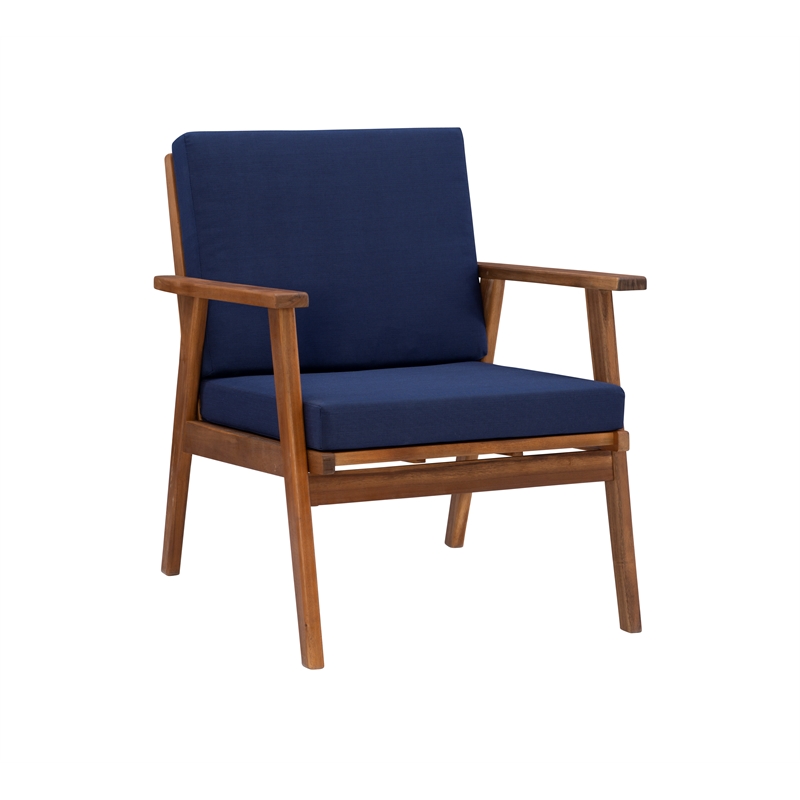 Afuera Living Outdoor 4 Piece Acacia Wood Chat Set with Blue Cushions