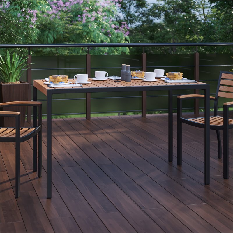 Afuera Living Teak Poly Slat and Steel Patio Dining Table with Umbrella Hole
