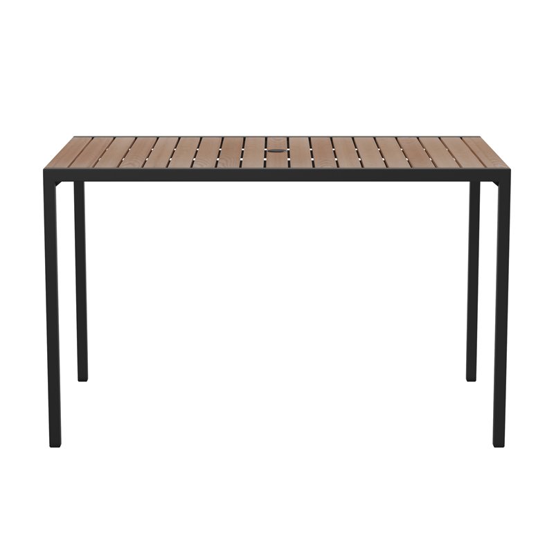 Afuera Living Teak Poly Slat and Steel Patio Dining Table with Umbrella Hole