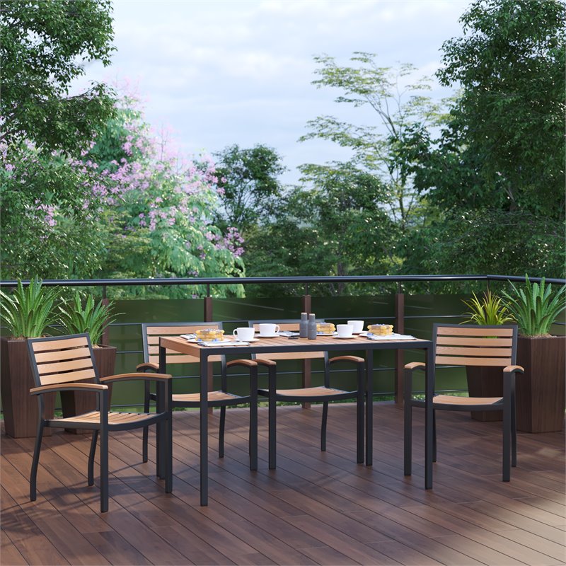 Afuera Living 5-Piece Brown Faux Teak Patio Dining Set with Umbrella Hole