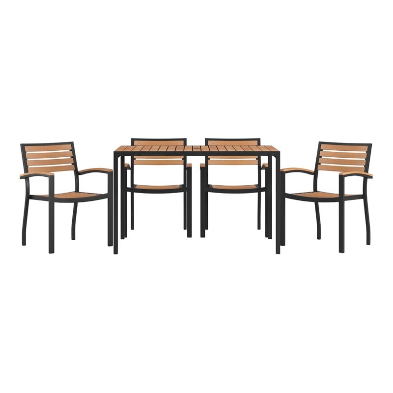 Afuera Living 5-Piece Brown Faux Teak Patio Dining Set with Umbrella Hole
