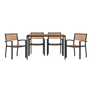 Afuera Living 5-Piece Brown Faux Teak Patio Dining Set with Umbrella Hole
