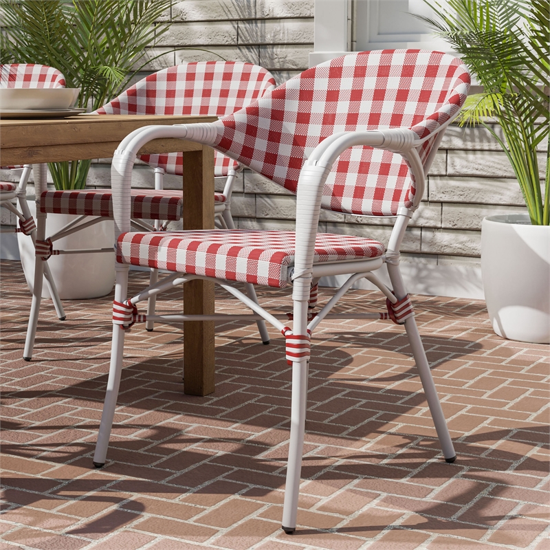 Afuera Living French Patio Arm Chair in Red with White Wicker Details Set of 4