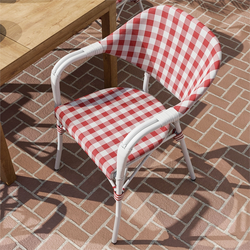 Afuera Living French Patio Arm Chair in Red with White Wicker Details Set of 4