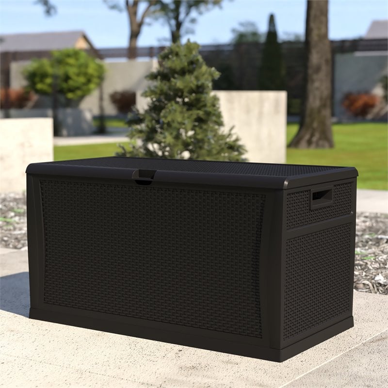 Afuera Living 120 Gallon Deck Box in Black with Hinged Lid and Woven Design