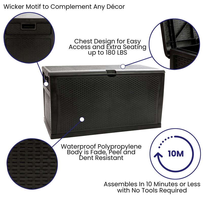 Afuera Living 120 Gallon Deck Box in Black with Hinged Lid and Woven Design