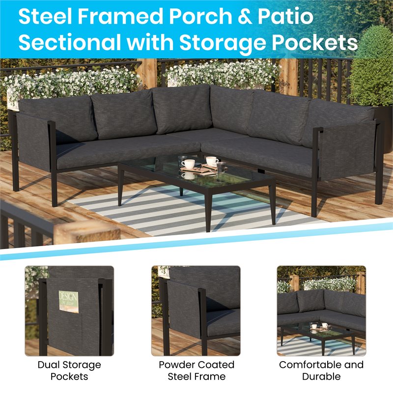 Afuera Living Charcoal Steel Patio Sectional with Removable Cushions