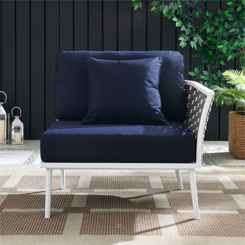 Afuera Living Modern Fabric & Aluminum Patio Armchair in Navy and White