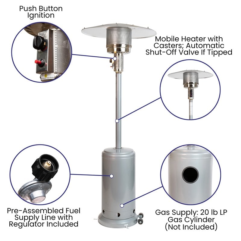 Afuera Living Outdoor Metal Patio Heater with Wheels in Silver