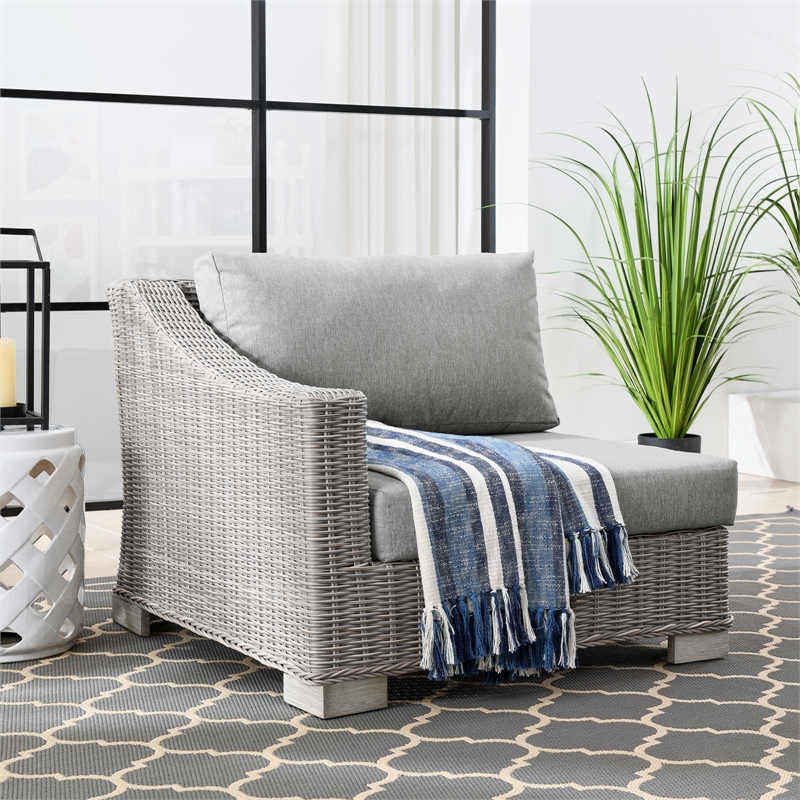 Afuera Living Patio Left-Arm Chair with Rattan Frame in Light Gray